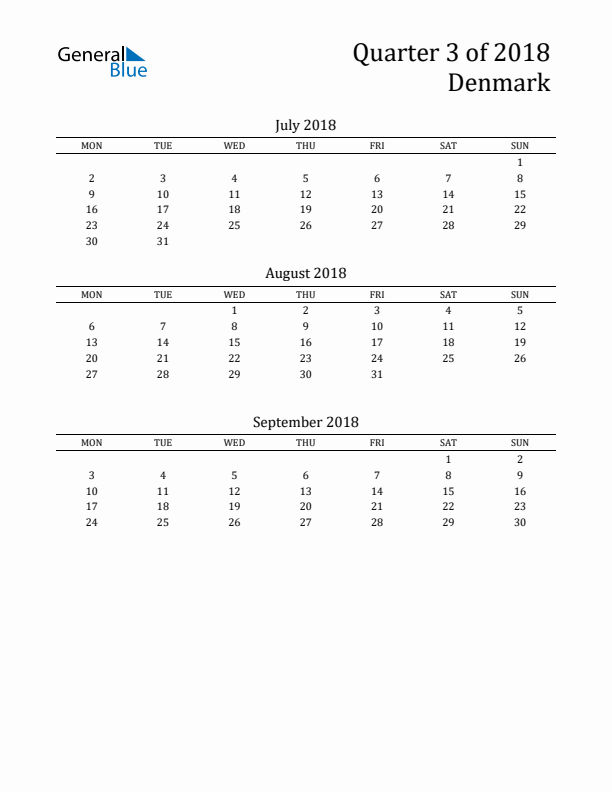 Quarter 3 2018 Denmark Quarterly Calendar