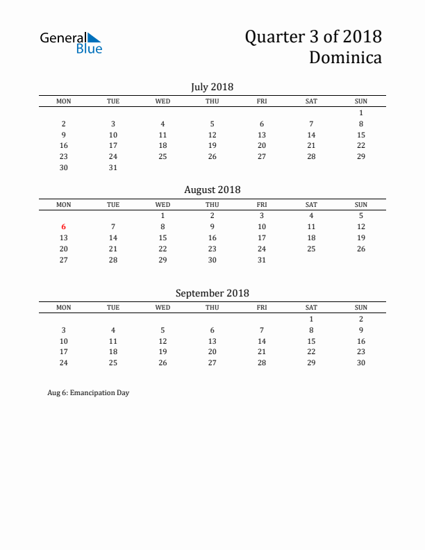 Quarter 3 2018 Dominica Quarterly Calendar