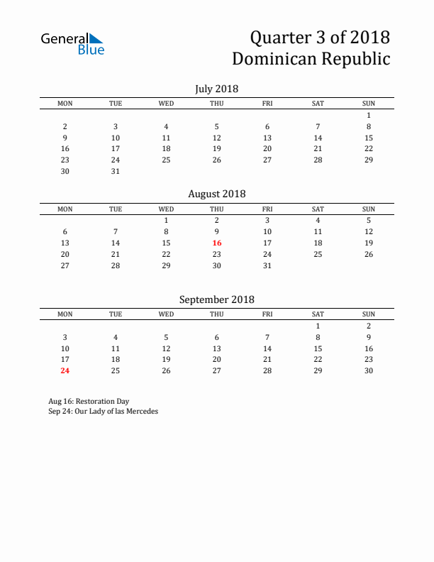 Quarter 3 2018 Dominican Republic Quarterly Calendar