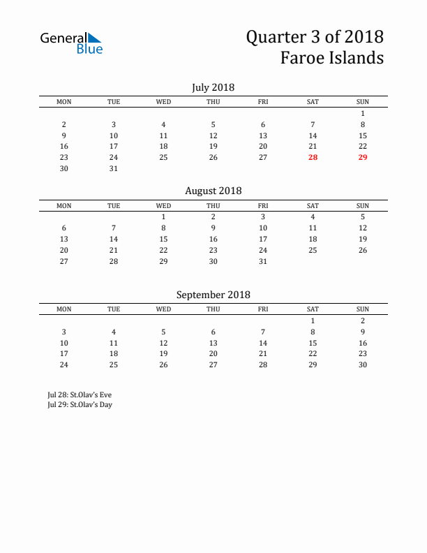 Quarter 3 2018 Faroe Islands Quarterly Calendar