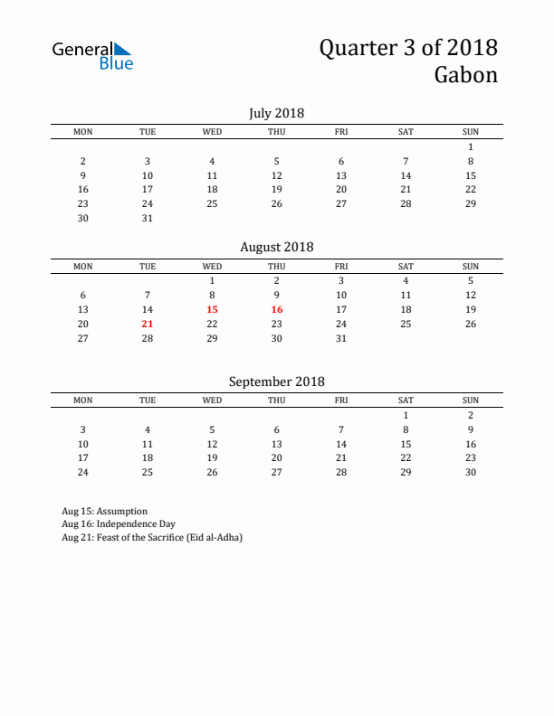 Quarter 3 2018 Gabon Quarterly Calendar