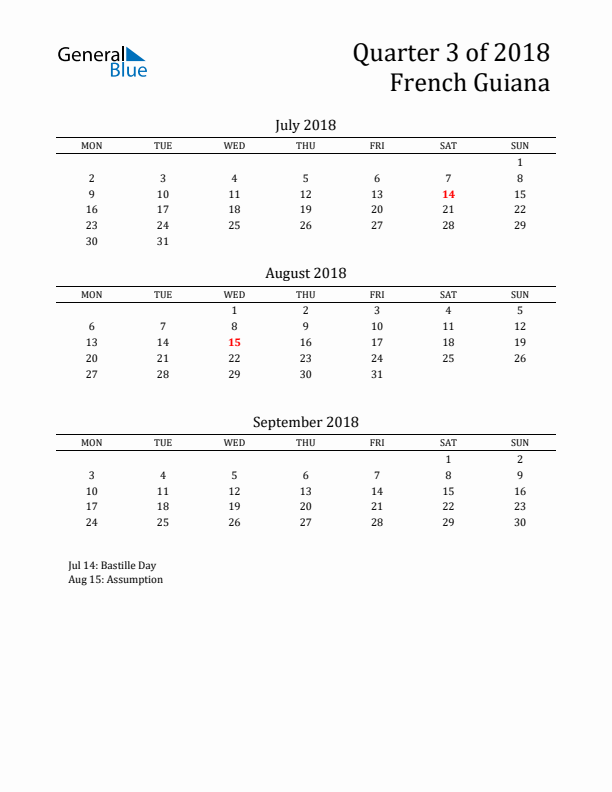 Quarter 3 2018 French Guiana Quarterly Calendar