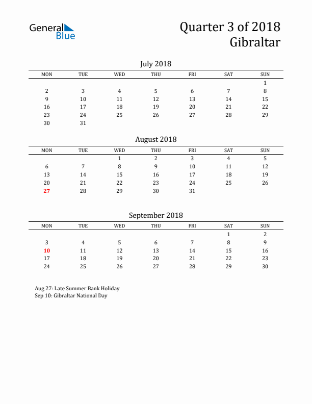 Quarter 3 2018 Gibraltar Quarterly Calendar