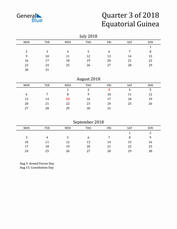 Quarter 3 2018 Equatorial Guinea Quarterly Calendar