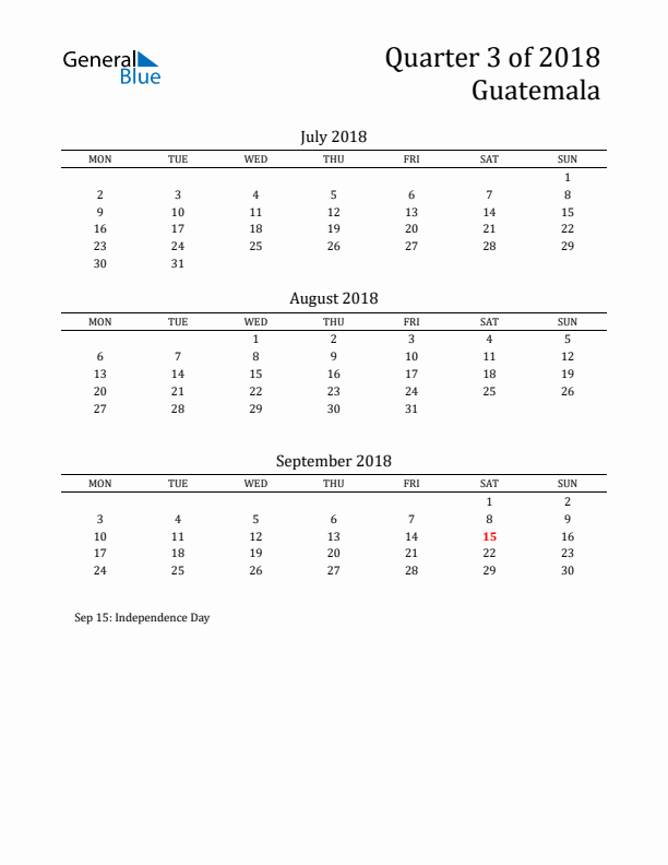 Quarter 3 2018 Guatemala Quarterly Calendar