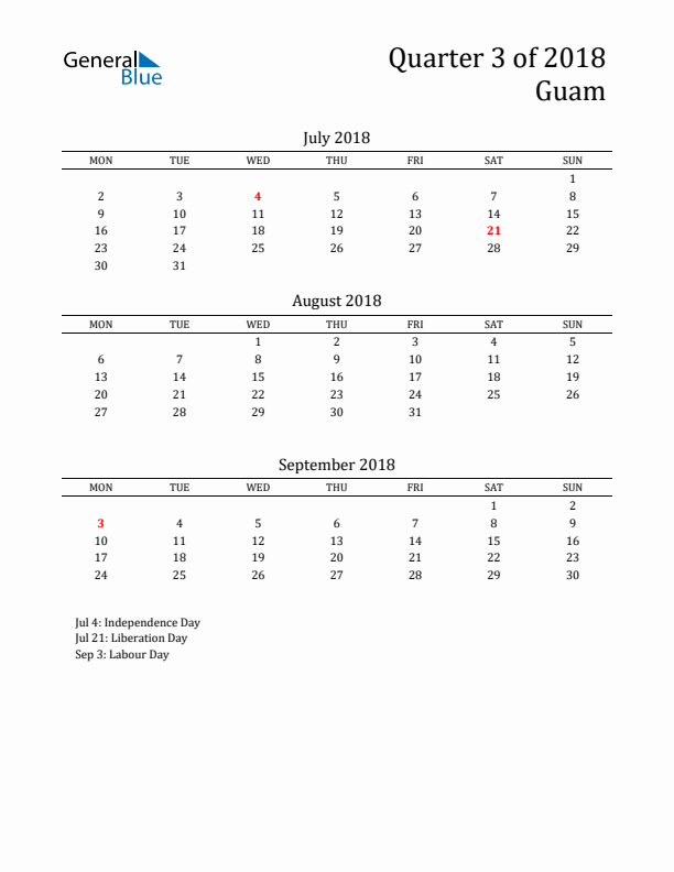 Quarter 3 2018 Guam Quarterly Calendar