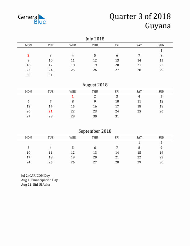 Quarter 3 2018 Guyana Quarterly Calendar