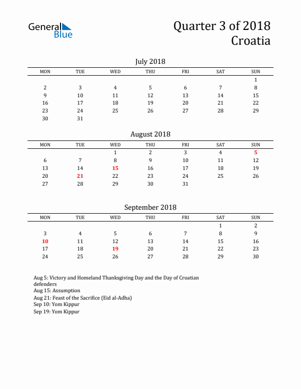 Quarter 3 2018 Croatia Quarterly Calendar