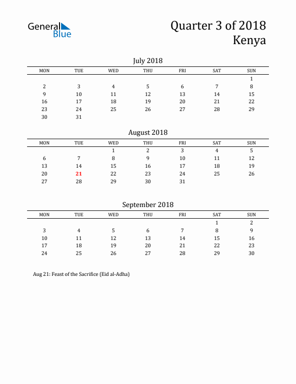 Quarter 3 2018 Kenya Quarterly Calendar