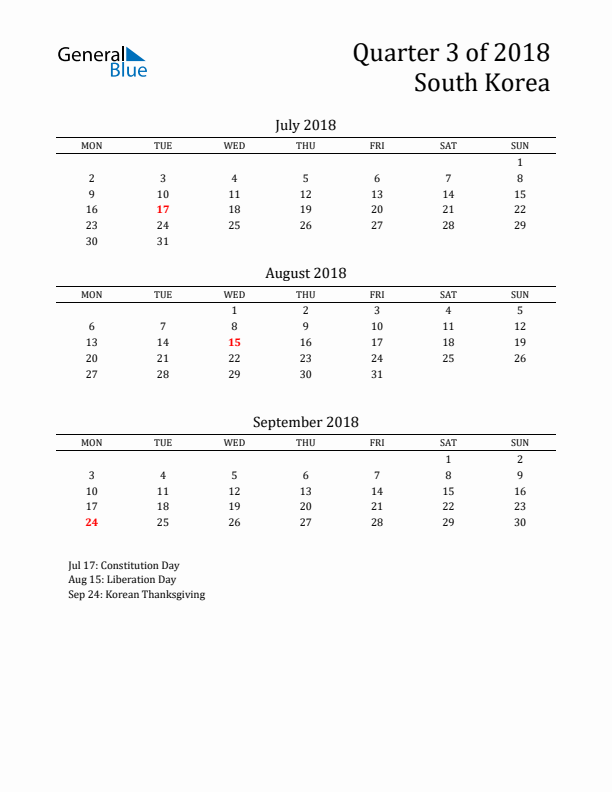 Quarter 3 2018 South Korea Quarterly Calendar