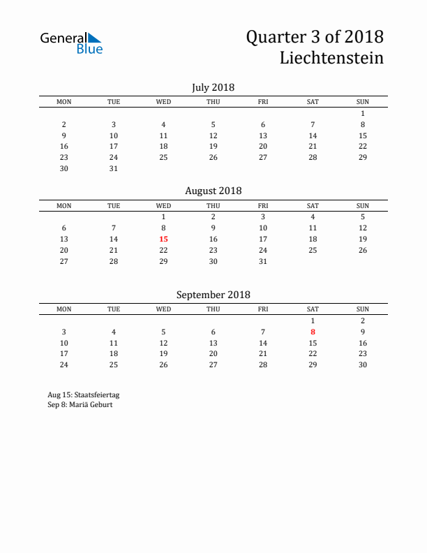 Quarter 3 2018 Liechtenstein Quarterly Calendar