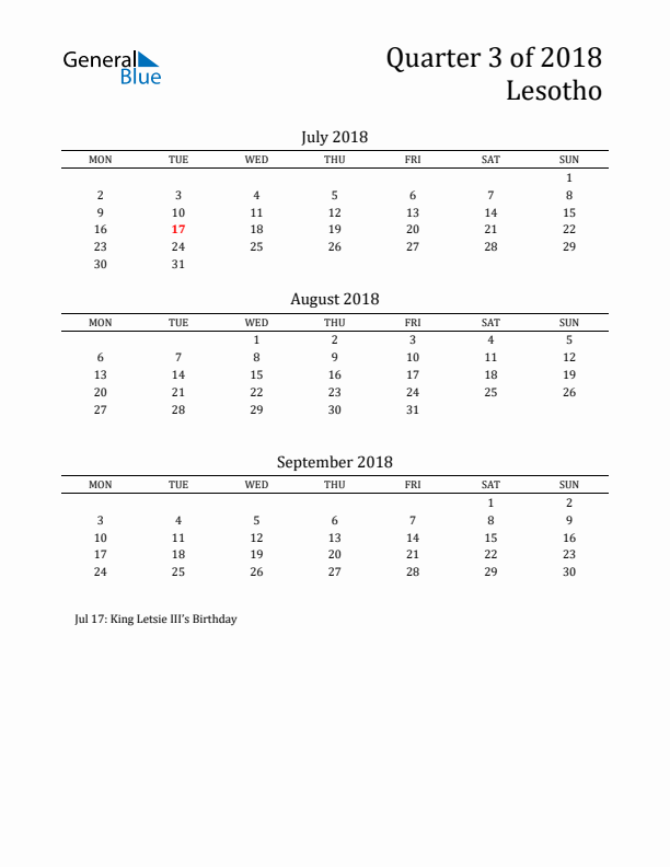 Quarter 3 2018 Lesotho Quarterly Calendar