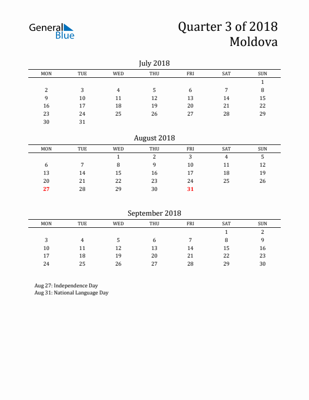 Quarter 3 2018 Moldova Quarterly Calendar