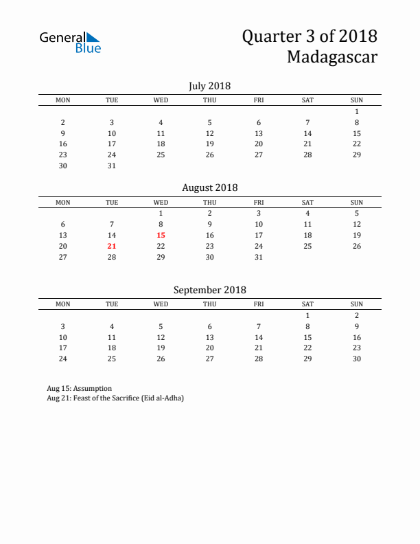 Quarter 3 2018 Madagascar Quarterly Calendar