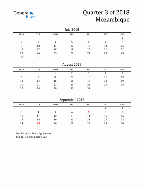 Quarter 3 2018 Mozambique Quarterly Calendar