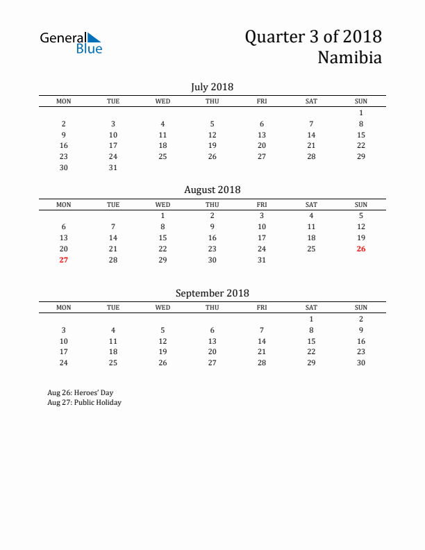 Quarter 3 2018 Namibia Quarterly Calendar