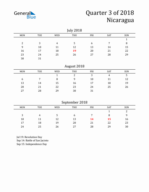 Quarter 3 2018 Nicaragua Quarterly Calendar