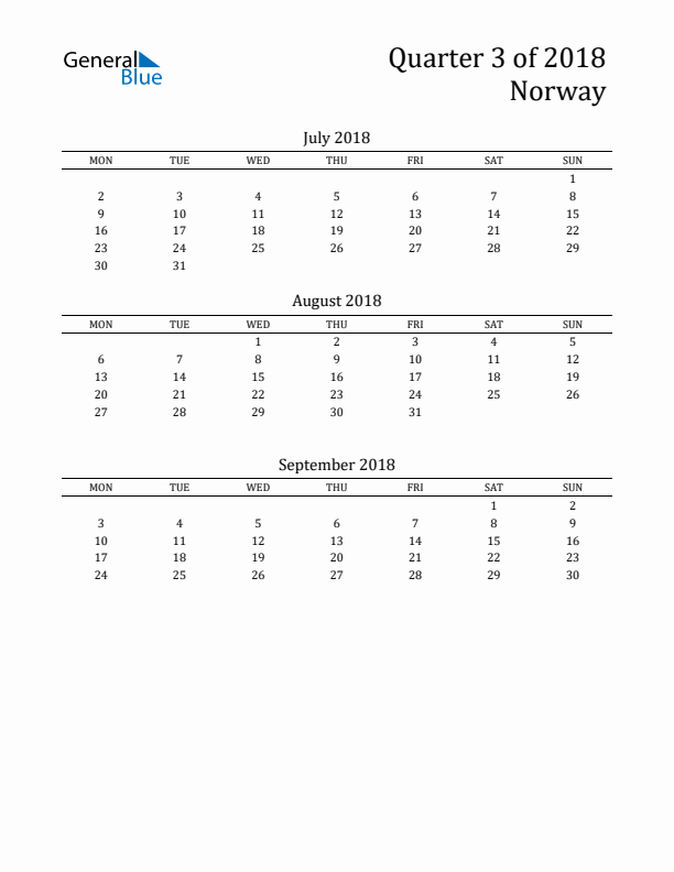 Quarter 3 2018 Norway Quarterly Calendar