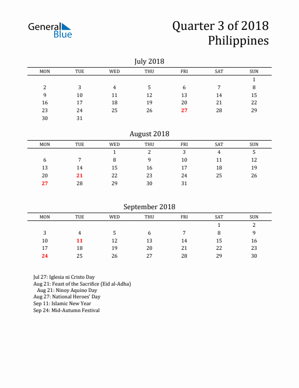 Quarter 3 2018 Philippines Quarterly Calendar