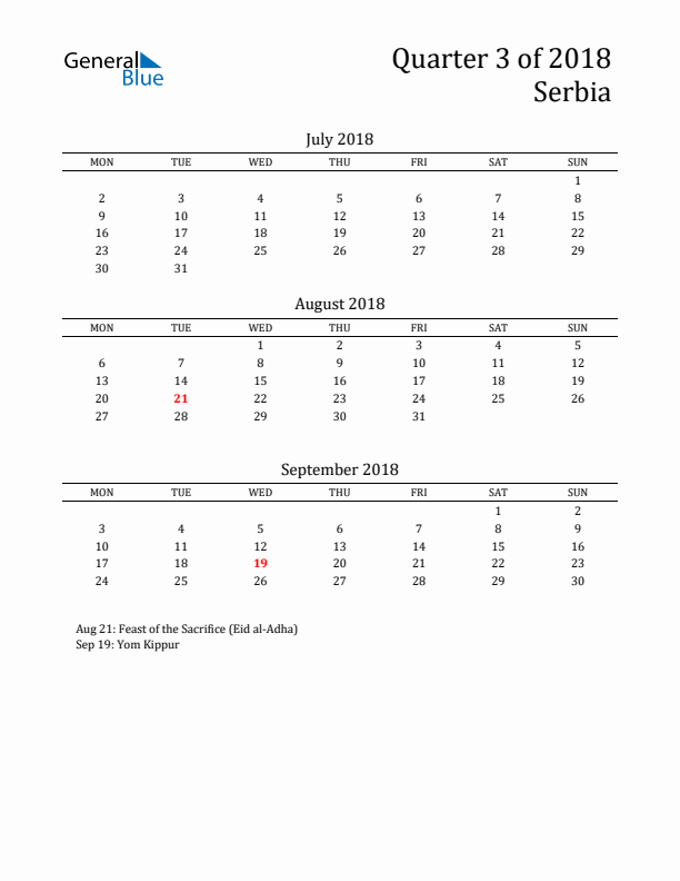 Quarter 3 2018 Serbia Quarterly Calendar