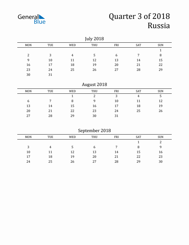 Quarter 3 2018 Russia Quarterly Calendar