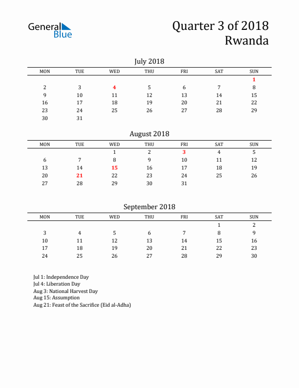 Quarter 3 2018 Rwanda Quarterly Calendar