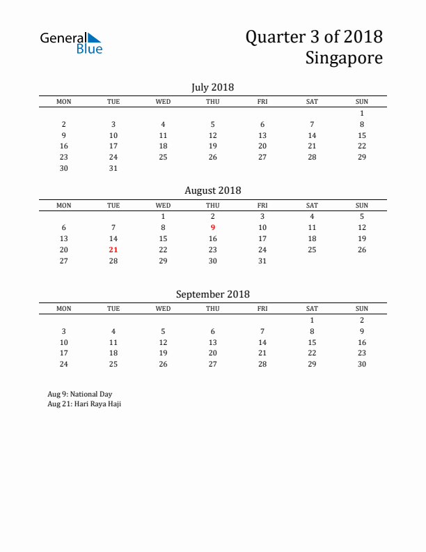 Quarter 3 2018 Singapore Quarterly Calendar