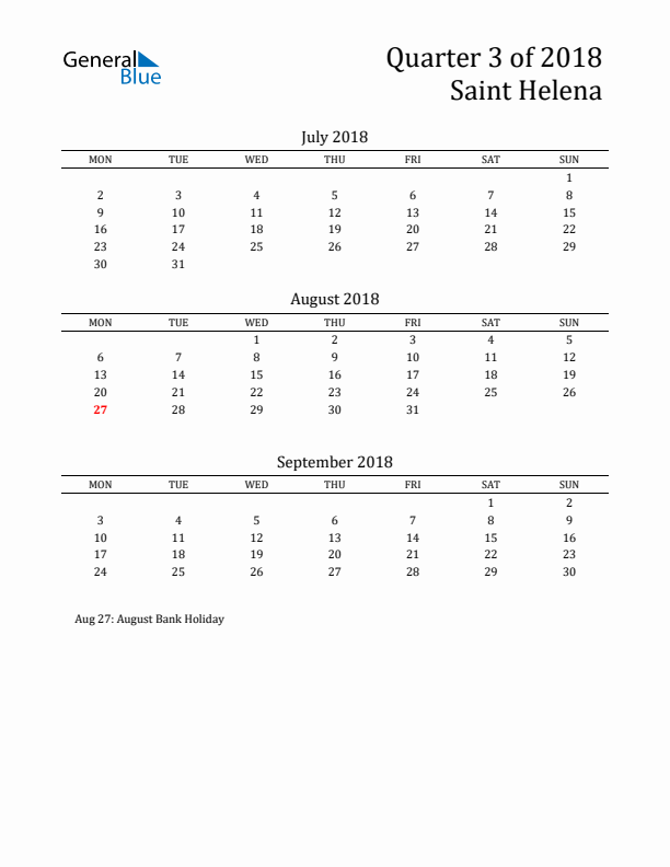 Quarter 3 2018 Saint Helena Quarterly Calendar