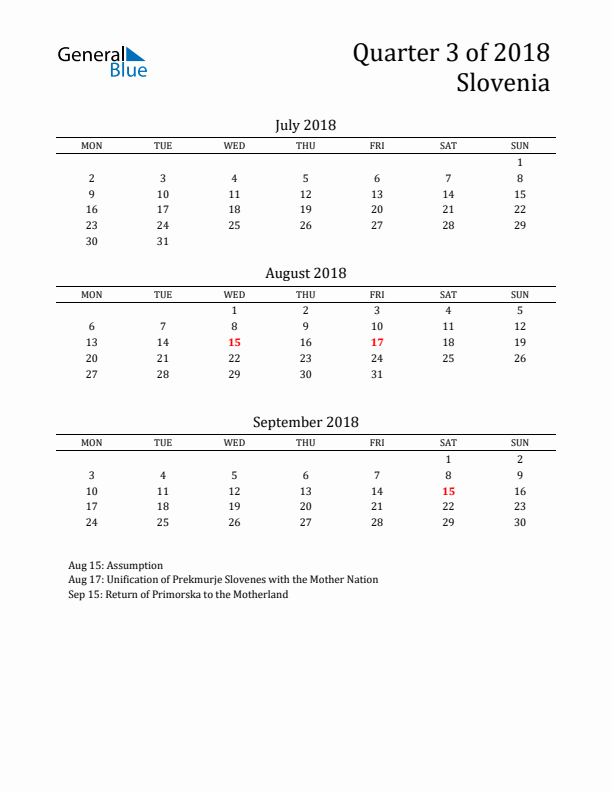 Quarter 3 2018 Slovenia Quarterly Calendar