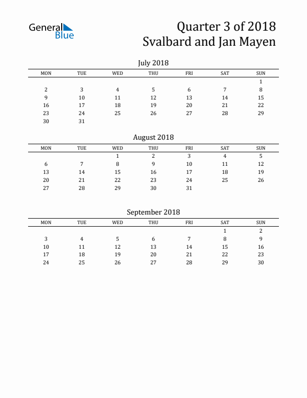 Quarter 3 2018 Svalbard and Jan Mayen Quarterly Calendar