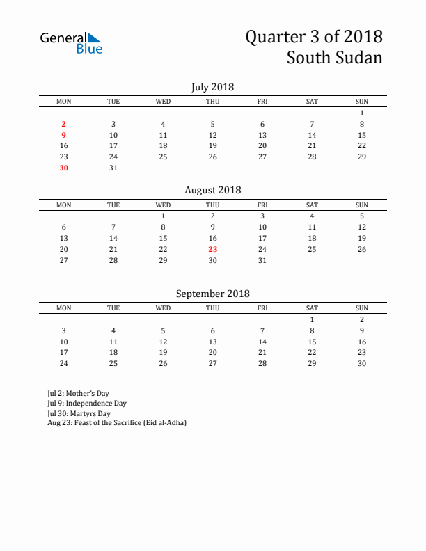 Quarter 3 2018 South Sudan Quarterly Calendar