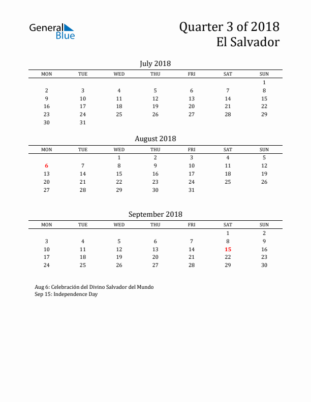 Quarter 3 2018 El Salvador Quarterly Calendar