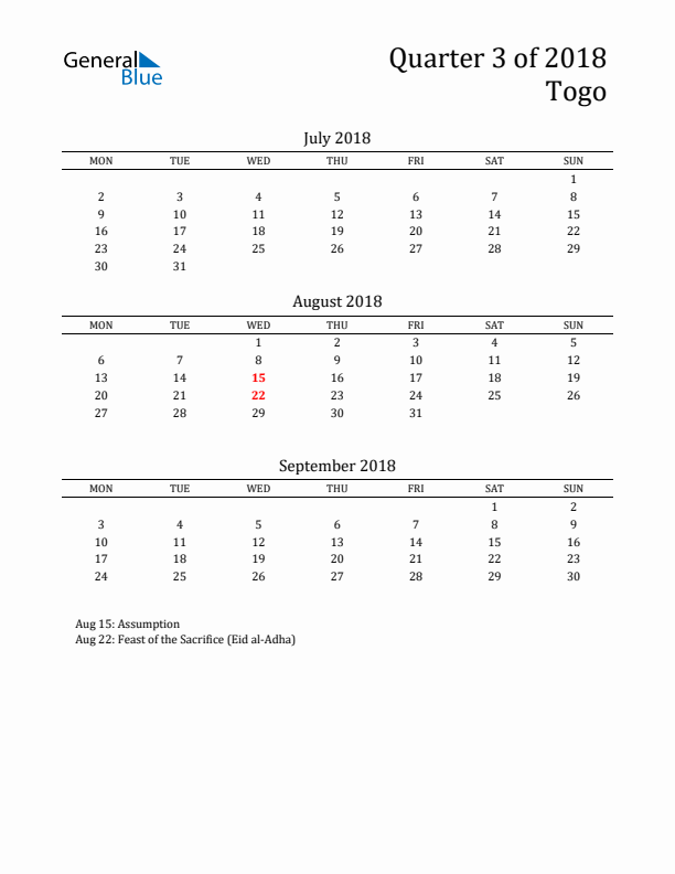 Quarter 3 2018 Togo Quarterly Calendar