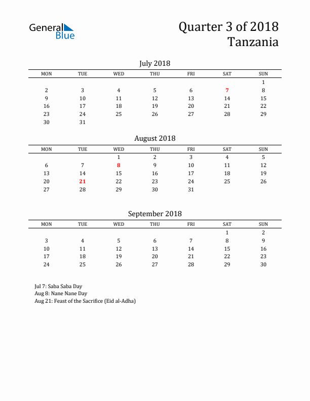 Quarter 3 2018 Tanzania Quarterly Calendar