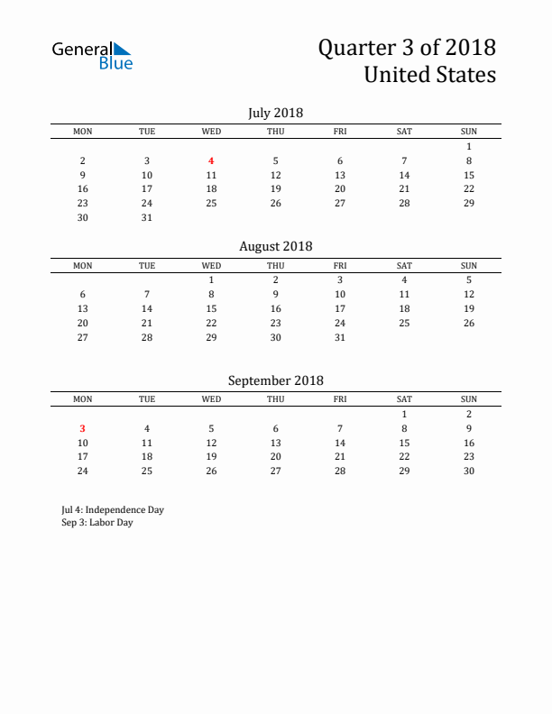 Quarter 3 2018 United States Quarterly Calendar