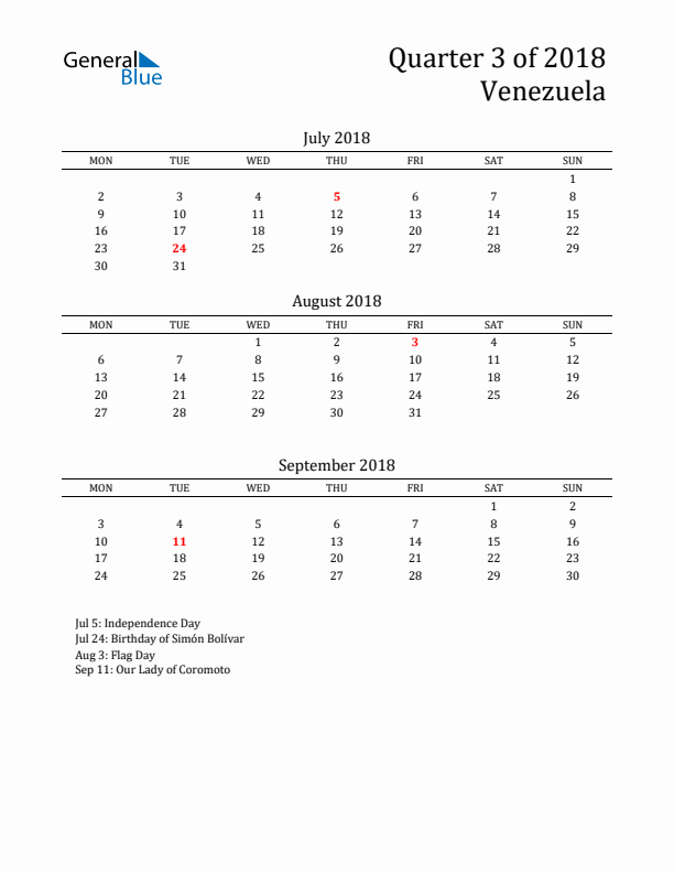 Quarter 3 2018 Venezuela Quarterly Calendar