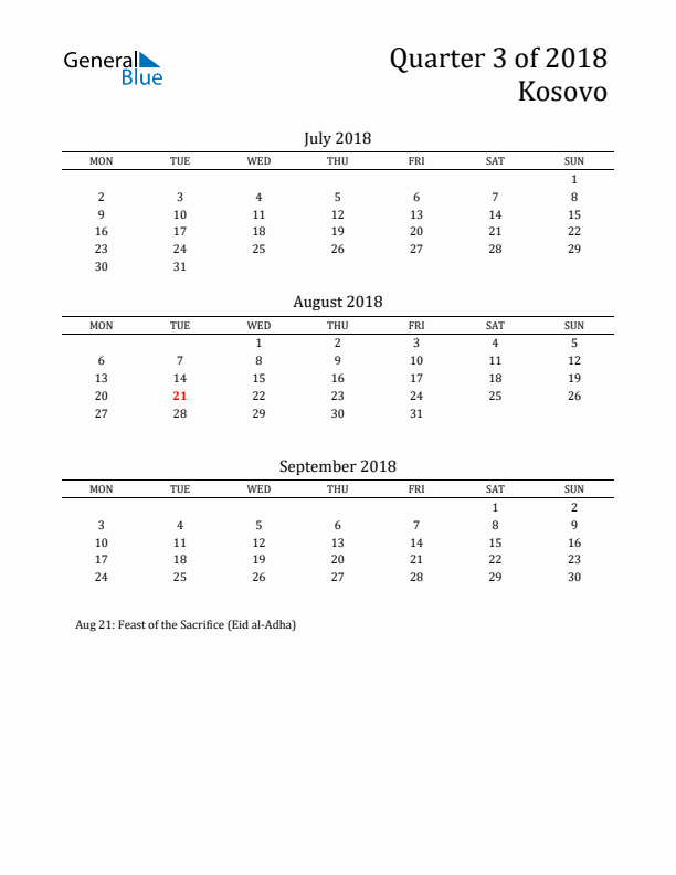 Quarter 3 2018 Kosovo Quarterly Calendar