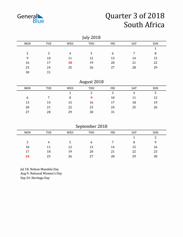 Quarter 3 2018 South Africa Quarterly Calendar