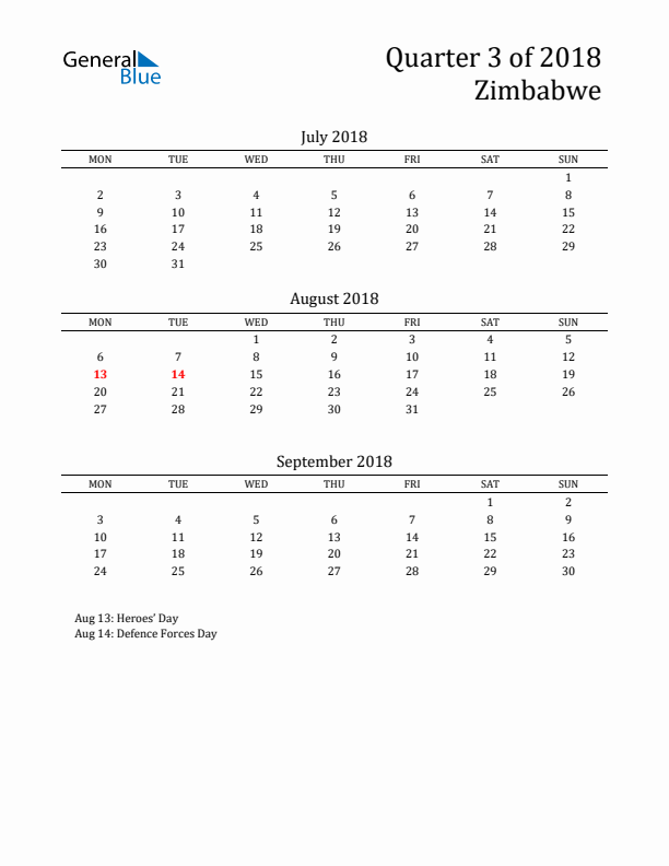 Quarter 3 2018 Zimbabwe Quarterly Calendar