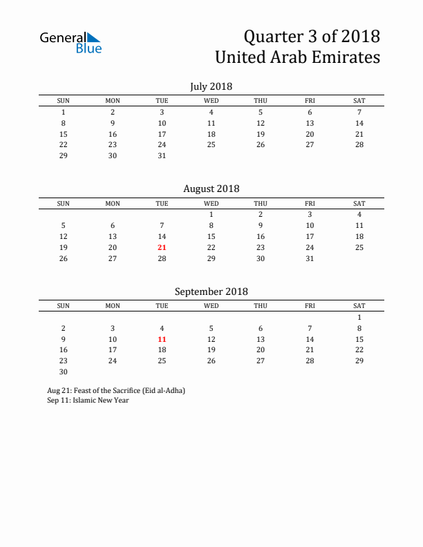 Quarter 3 2018 United Arab Emirates Quarterly Calendar