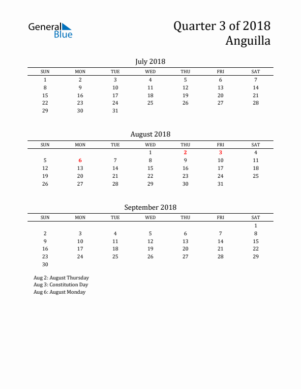 Quarter 3 2018 Anguilla Quarterly Calendar