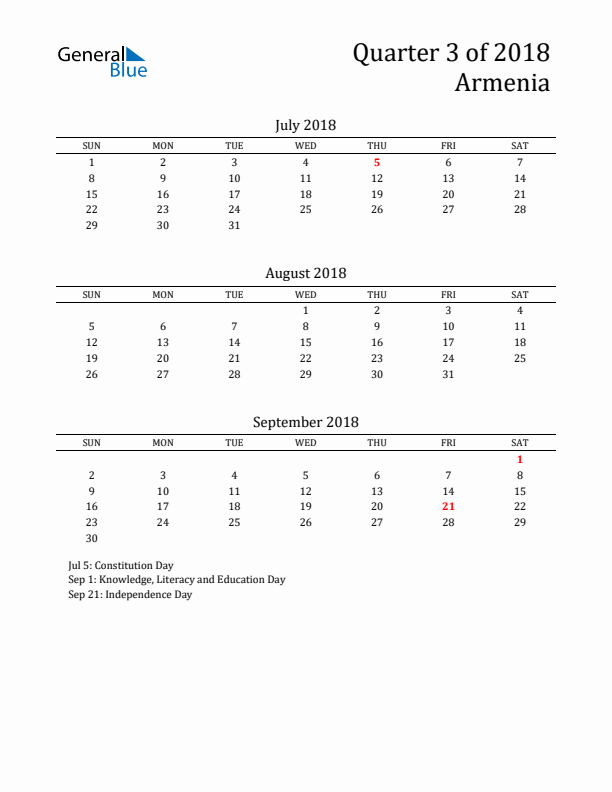 Quarter 3 2018 Armenia Quarterly Calendar