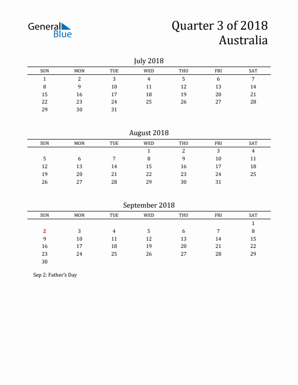 Quarter 3 2018 Australia Quarterly Calendar