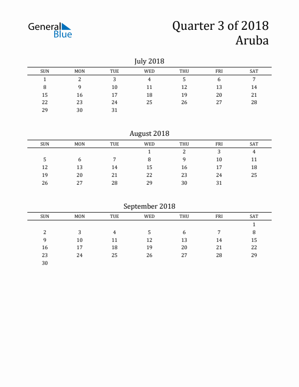 Quarter 3 2018 Aruba Quarterly Calendar