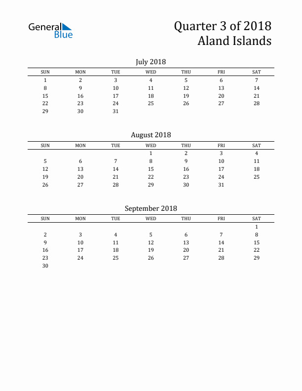 Quarter 3 2018 Aland Islands Quarterly Calendar