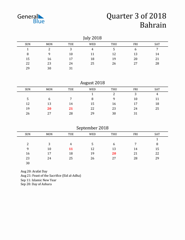 Quarter 3 2018 Bahrain Quarterly Calendar