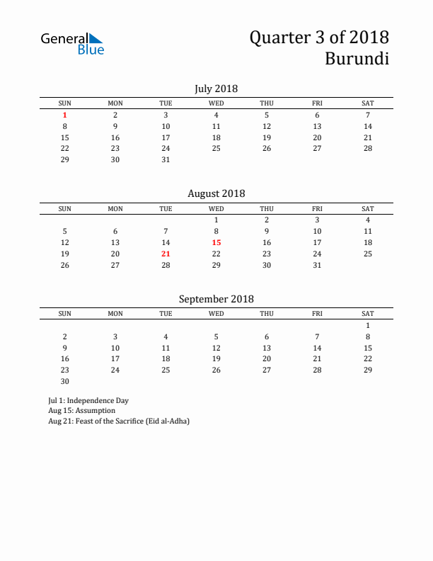 Quarter 3 2018 Burundi Quarterly Calendar