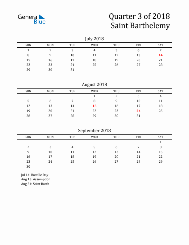 Quarter 3 2018 Saint Barthelemy Quarterly Calendar