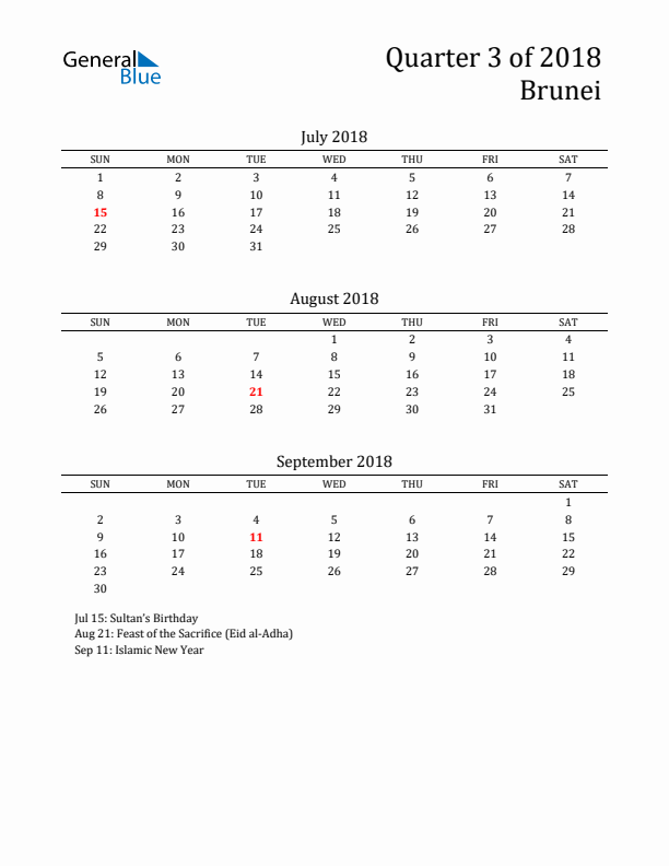 Quarter 3 2018 Brunei Quarterly Calendar