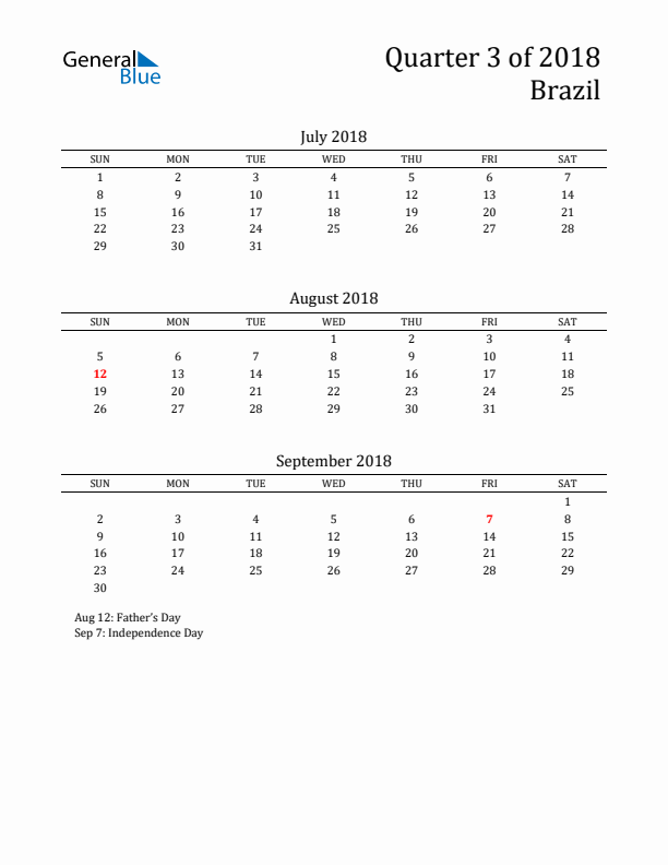 Quarter 3 2018 Brazil Quarterly Calendar